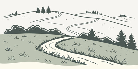 Fototapeta premium A winding path through a serene, forested landscape with a distant mountain view Vector
