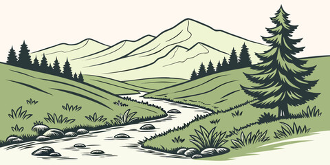 A serene mountain landscape with a winding river and lush greenery Vector © Rabbi