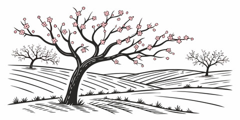 A lone tree stands tall against a backdrop of distant mountains and a clear sky. Vector © Rabbi