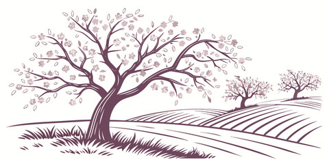 A lone tree stands in a vast, open field with a clear blue sky above. Vector © Rabbi