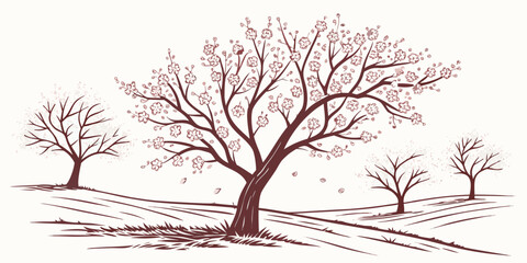 A lone tree stands tall amidst a field of dry grass and scattered leaves Vector © Rabbi