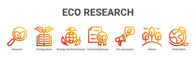 Eco Research web banner icon vector illustration with Research,Ecology Book,Ecology And Environment,Environmental Law,Eco Awareness,Nature,and Green Earth icons.