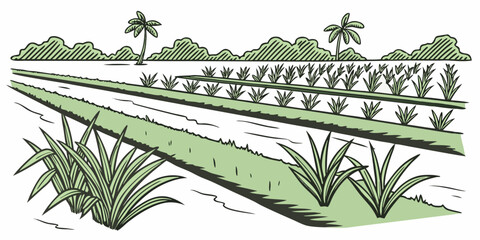 A serene landscape with a winding path through lush green grass and trees. Vector © Rabbi