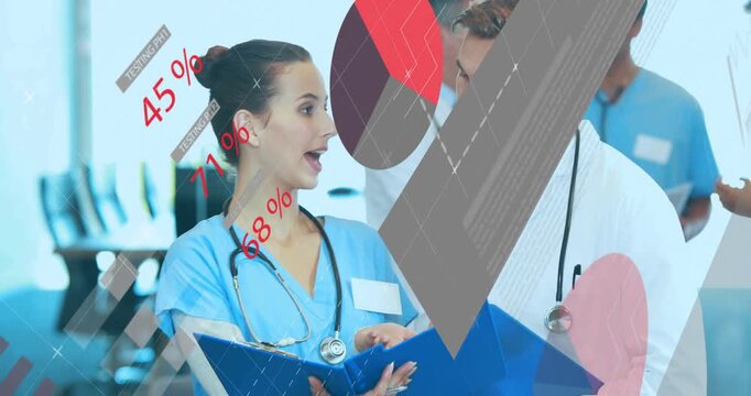 Nurse opening folder pointing pen consulting MD on medical records as faint graphs overlaying faces