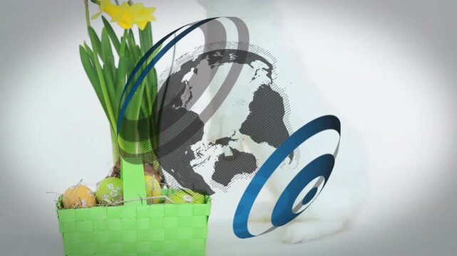 Globe fading and spinning, rabbit resting beside basket, rings forming and overlapping, showing AR
