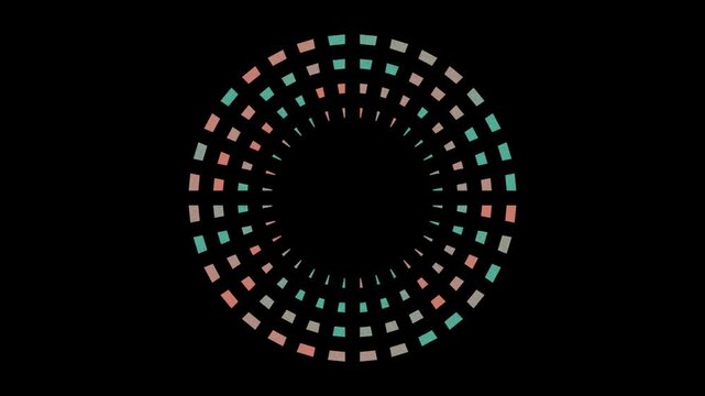 Pastel teal and coral radial tile ring rotating with dotted segments and negative space on black
