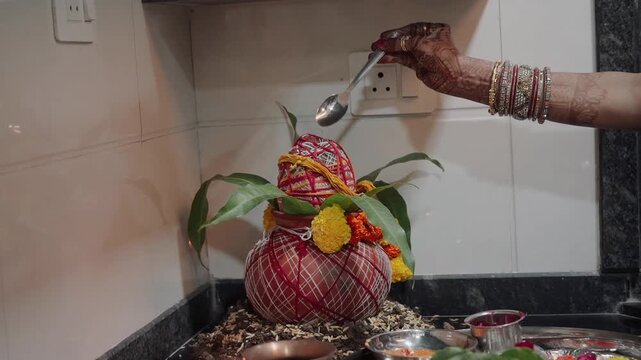 Traditional Indian Ghar Vastu Ritual with Kalash, Coconut and Sacred Puja Setup