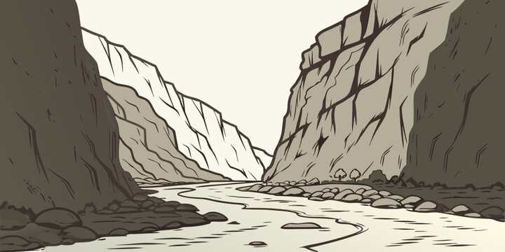 A narrow canyon with steep rock walls and a winding path leading into the distance Vector