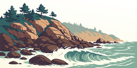 A serene coastal scene with rugged cliffs and crashing waves under a clear sky Vector © Rabbi