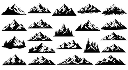 Collection of Black Silhouette Mountain Peaks, Vector Graphics for Outdoor Adventure and Nature Themes