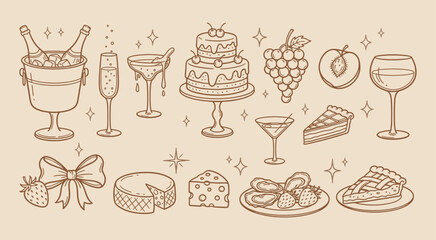 Hand drawn doodle party elements vector illustration. Coastal mediterranean dinner table party summer sketch. Wedding coquette elements for greeting card template © Stock4line