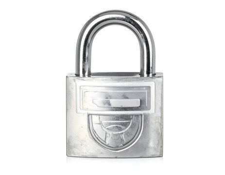 Polished silver padlock with emblem on white background