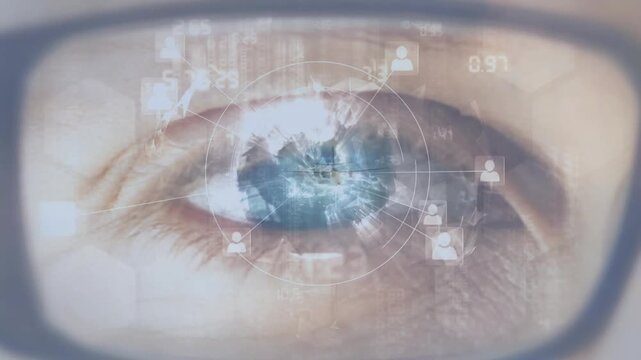 Vertical video: Female eye seeing plane reflection and activating HUD globe over iris for tech use