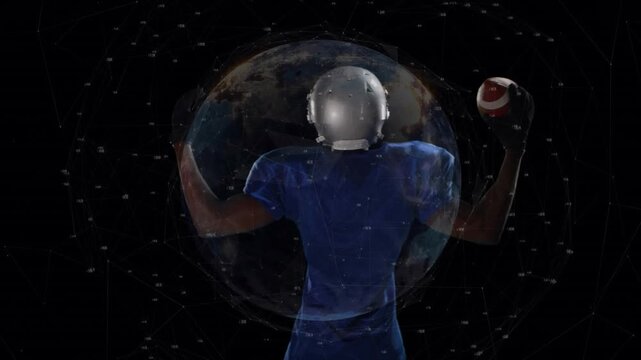 Football player shifting stance and gripping ball preparing throw in tech globe rotating behind him