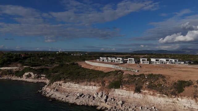 Aerial Drone Orbit Around Luxury Villas Construction on Aegean Coast Near Didim