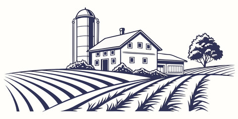 A picturesque farm with a barn, silo, and house surrounded by a vast field Vector © Rabbi