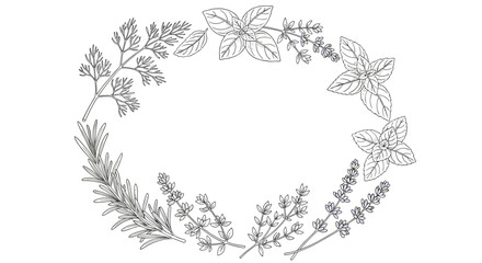 Decorative oval frame featuring hand drawn sketches of culinary herbs including rosemary thyme basil lavender and parsley on white.