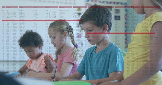 Vertical video: Boy looking up smiling at code overlay with red lines in school while kids writing