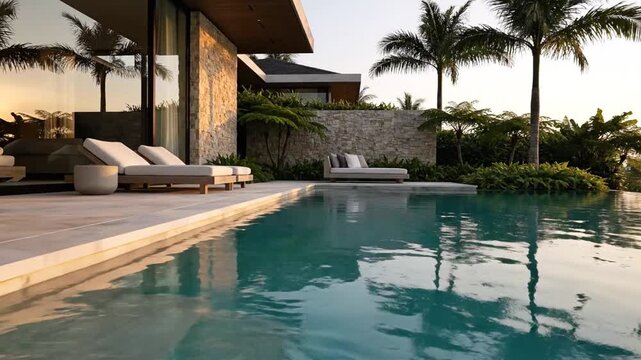 Modern luxury villa with infinity swimming pool and tropical palm trees at sunset with lounge chairs on the patio
