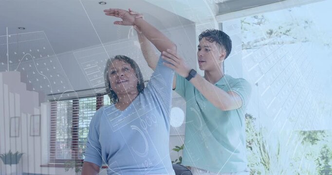 Caregiver placing hands on senior right arm, guiding raising for shoulder mobility with HUD overlay