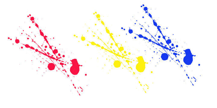 Vibrant primary color paint splashes in red yellow and blue on black background artistic abstract splatter design paints