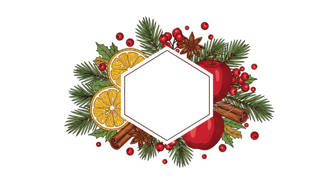 Elegant Christmas hexagonal frame surrounded by dried orange slices, red apples, cinnamon sticks, star anise, and evergreen branches.