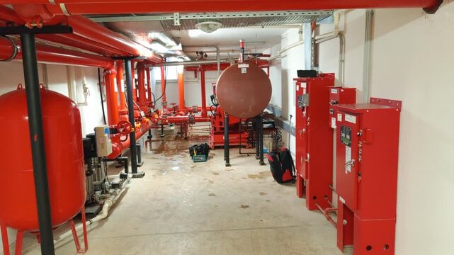 Industrial fire pump room with red distribution pipes and water suppression system