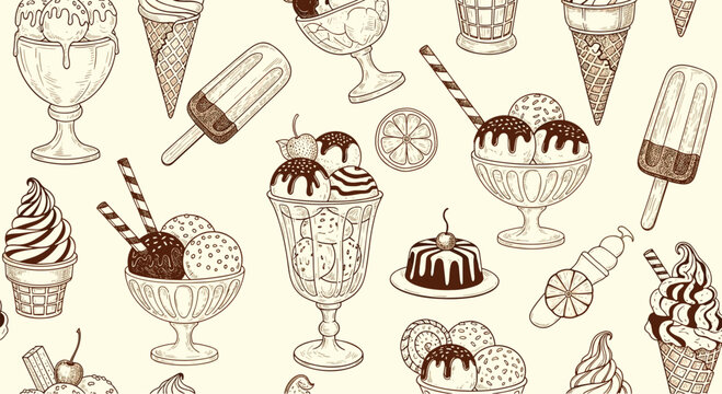 Delicious seamless pattern of vintage style ice cream treats including cones sundaes popsicles and scoops on cream background.