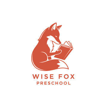 Fox reading a book icon for education or library identity logo Wise Fox Preschool