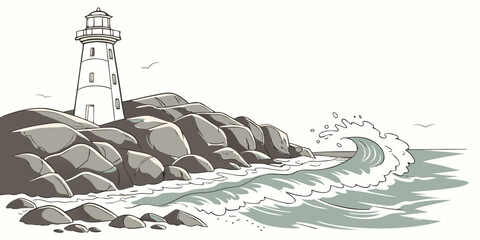 A lone lighthouse stands tall against the crashing waves of a stormy sea. Vector © Rabbi