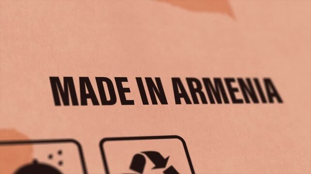 Made in ARMENIA Label on Cardboard Box, Animated ARMENIA Manufacturing Export Concept
