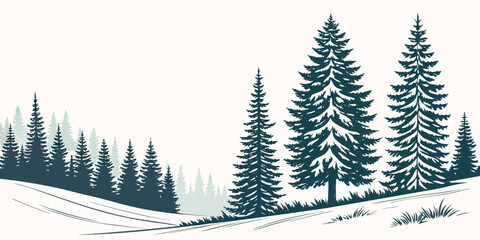 Obraz premium A serene winter landscape with snow-covered trees and a calm horizon Vector