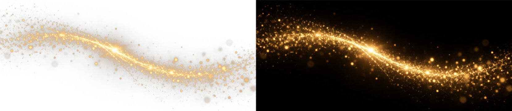 Golden sparkle trail vector illustration glitter particle light glow effect bright design on transparent background