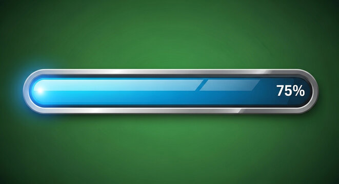 3D blue progress bar at 75 percent on green gradient background with glowing light effect for business success