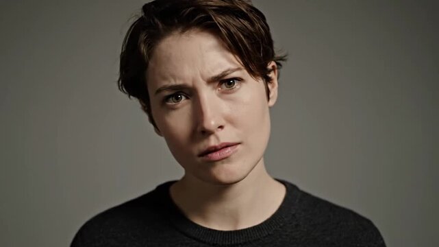 Actress ruth wilson appears skeptical and questioning in this expression, suitable for film industry or psychological thriller movie posters.