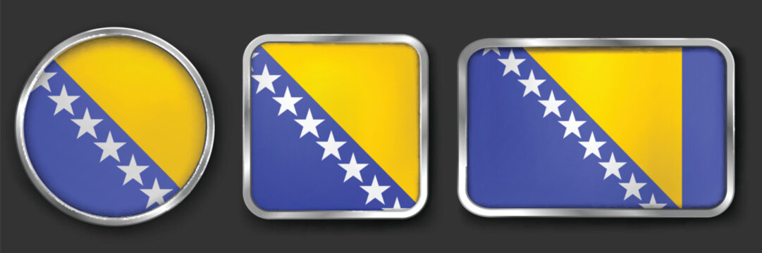 Bosnia and Herzegovina Metallic Flag Collection, Circular, Square and Rectangular Bosnia and Herzegovina Flag Badges Set
