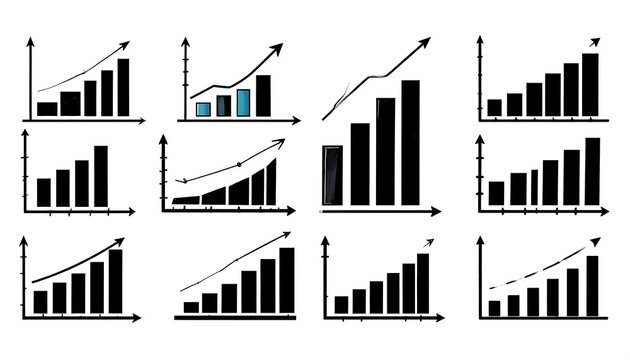 Twelve simple graphs show increasing trends with black bars and upward arrows on white background in a 3x4 grid