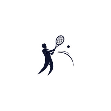 Tennis Player Hitting Ball with Racket Silhouette.