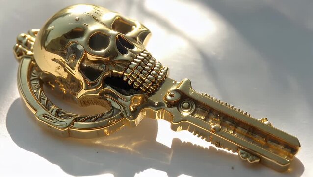 An Antique Ornate Skeleton Key Crafted from Yellow Metal Gleaming Brightly Under the Illumination of Direct Sunbeams
