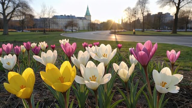 A vibrant collection of diminutive yellow, white, and pink crocus flowers blossoming in a sunlit urban garden bed with selective focus, heralding the arrival of the spring season and new plant develo