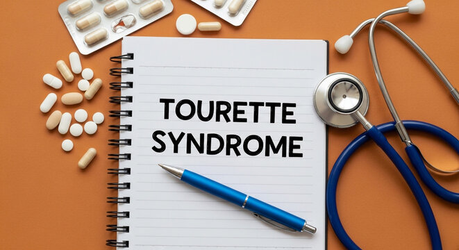 Tourette Syndrome awareness with medical tools and pills on notebook