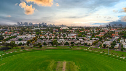 Panoramic Aerial Drone view of Inner Suburbs of Melbourne housing, roof tops, the streets and the parks, the roads and trees of Ascot Vale Moonee Ponds Brunswick Essendon and Maribyrnong in VIC Victor © Elias Bitar