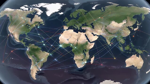 Worldwide Interlinked Network Visualization Depicting a Planetary Grid with Joined Locations for Commerce, Logistics, and Social Exchange