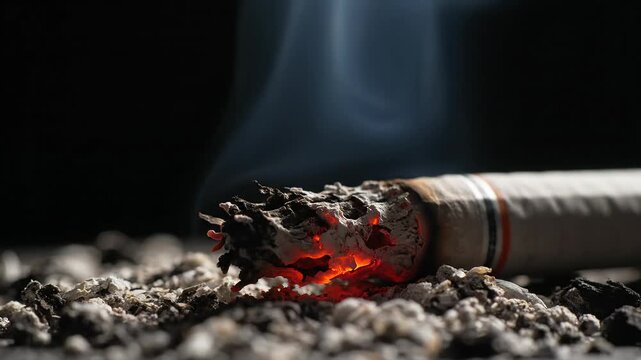 Close-up of glowing cigarette ember with smoke rising against dark background