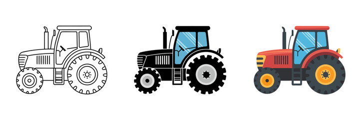 Obraz premium Three different tractors in various colors and line art styles side by side