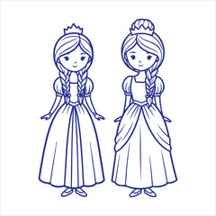 Fototapeta premium Cute Princess Girls with Braided Hair Outline Vector Illustration