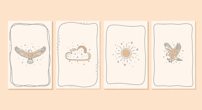 Boho Minimalist Line Art Cards: Eagle, Sun, Cloud, Bird & Stars