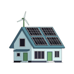 A house with solar panels and a wind turbine on the roof generates renewable energy © Nur