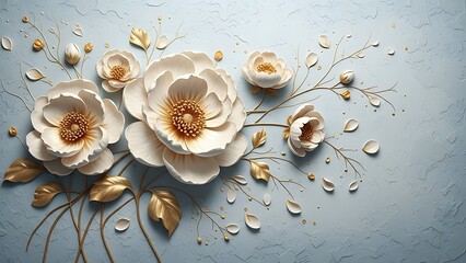 Obraz premium Illustration of elegant three dimensional paper or clay white peony flowers with gold accent on light blue background