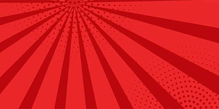 Vibrant red comic book sunburst background with radial rays and halftone dot pop art effect.